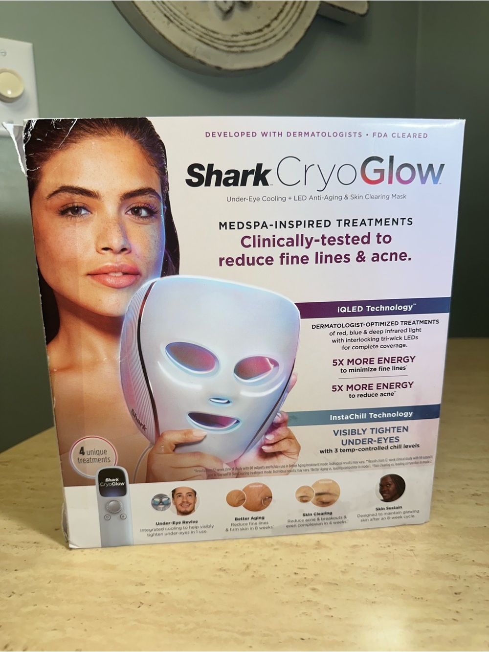 Shark CryoGlow LED Face Mask with Under-Eye Cooling , Blue Frost, FW312 NEW Open